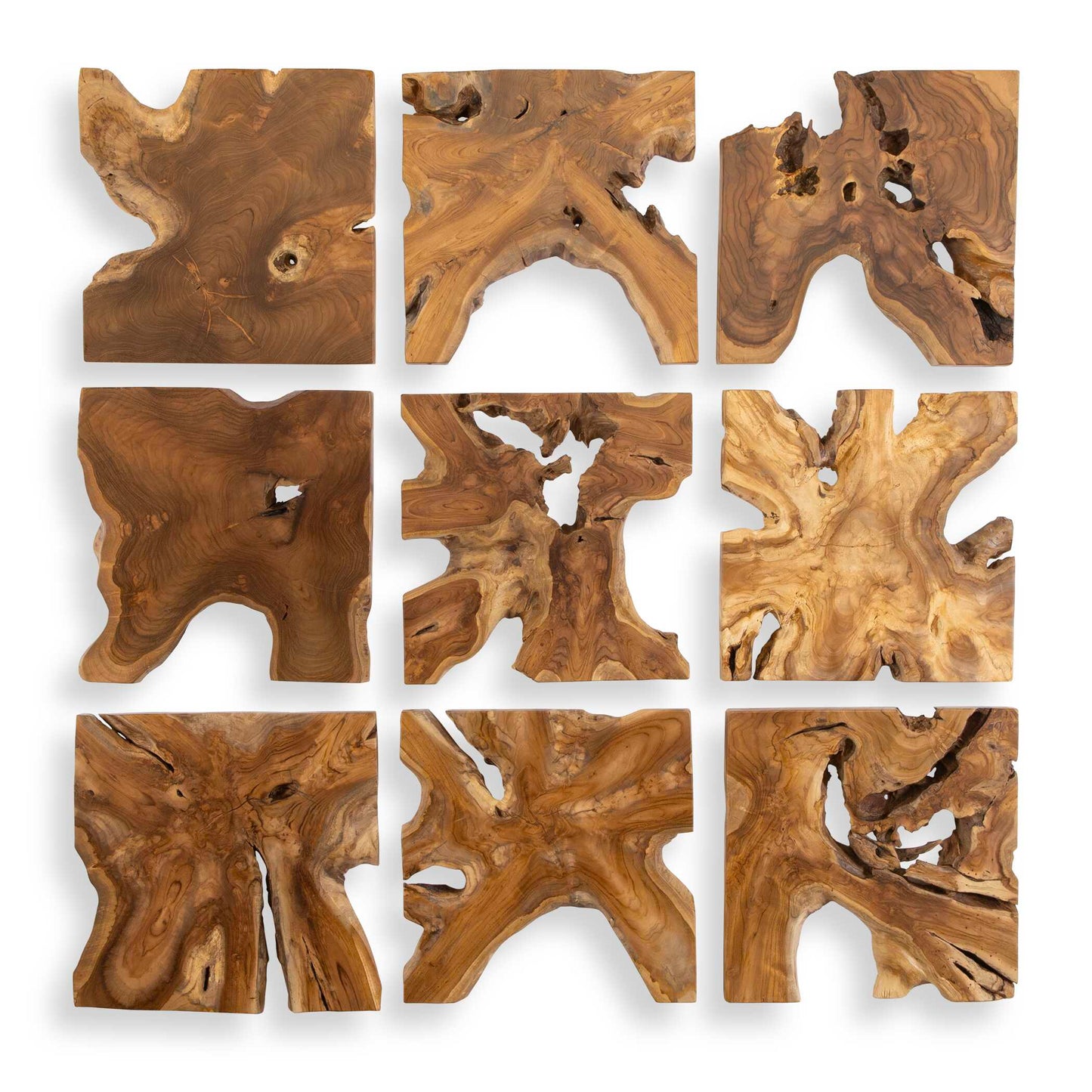 Deeply Grained Cross Sections Of Natural Teak Wood With A Light Honey Stain. Because Each Is Individually Handcrafted, Natural Variation Will Occur From Piece To Piece.