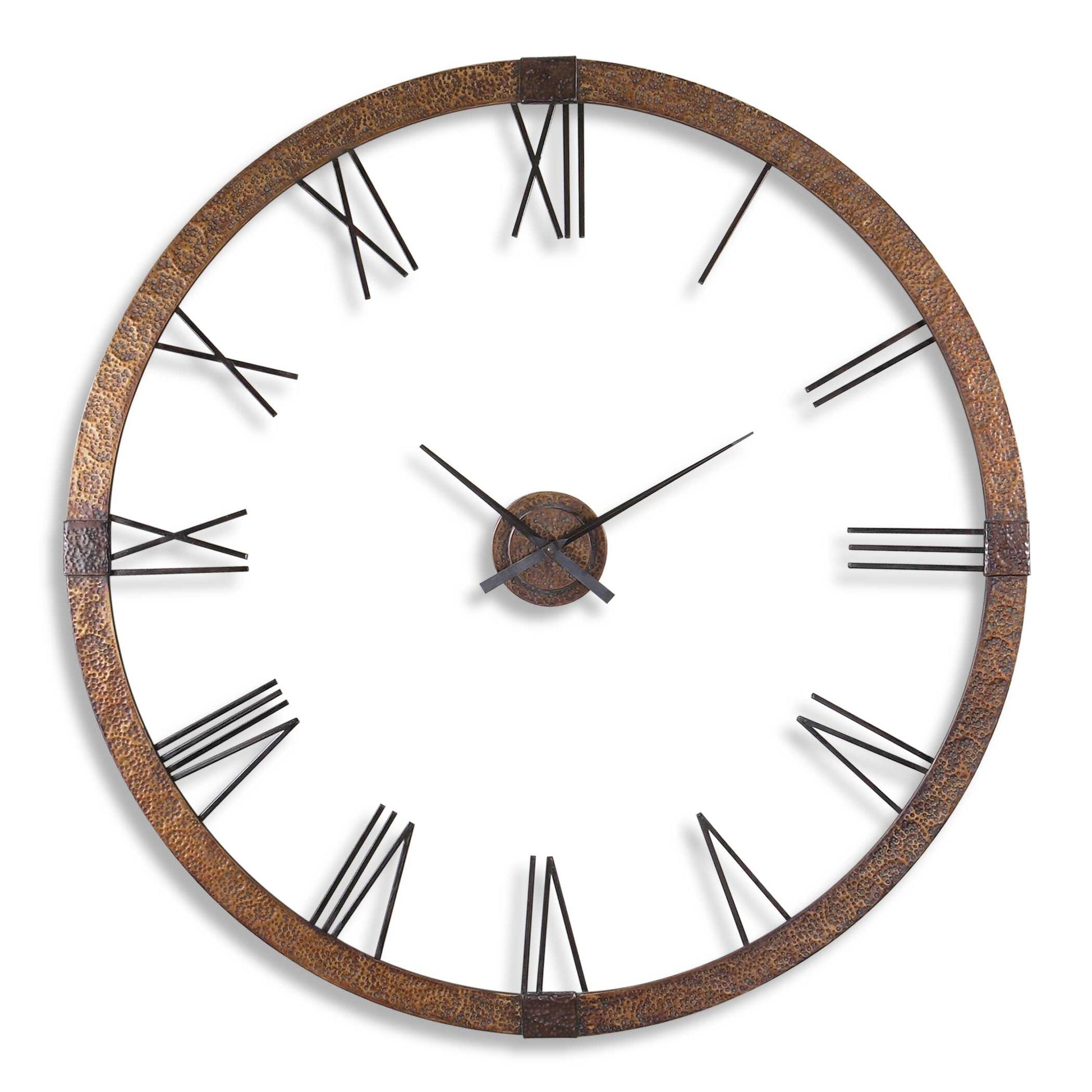 Hammered Copper Sheeting With A Light Gray Wash And Aged Black Details. Center Hands Movement Is Separate From The Outer Frame. Quartz Movement Ensures Accurate Timekeeping. Requires One "C" Battery.