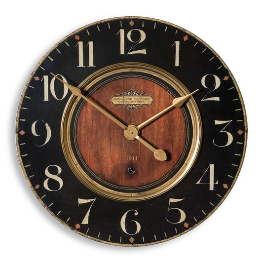 Weathered Laminated Clock Face With Cast Brass Details. Quartz Movement Ensures Accurate Timekeeping. Requires One "AA" Battery.