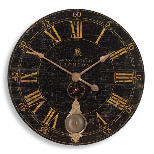 Laminated Black Clock Face With A Weathered Crackled Look, Cast Brass Details And Internal Pendulum. Quartz Movement Ensures Accurate Timekeeping. Requires Two "AA" Batteries.