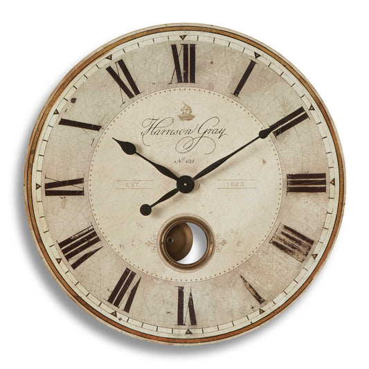 Weathered Laminated Clock Face With Brass Center Components And Internal Pendulum. Quartz Movement Ensures Accurate Timekeeping. Requires One "AA" Battery.