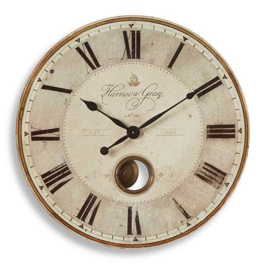 Weathered Laminated Clock Face With Brass Center Components And Internal Pendulum. Quartz Movement Ensures Accurate Timekeeping. Requires Two "AA" Batteries.