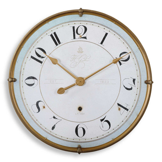 Antiqued Gold Metal Frame With An Antiqued Ivory Face And Pale Blue Accent. Quartz Movement Ensures Accurate Timekeeping. Requires One "AA" Battery.
