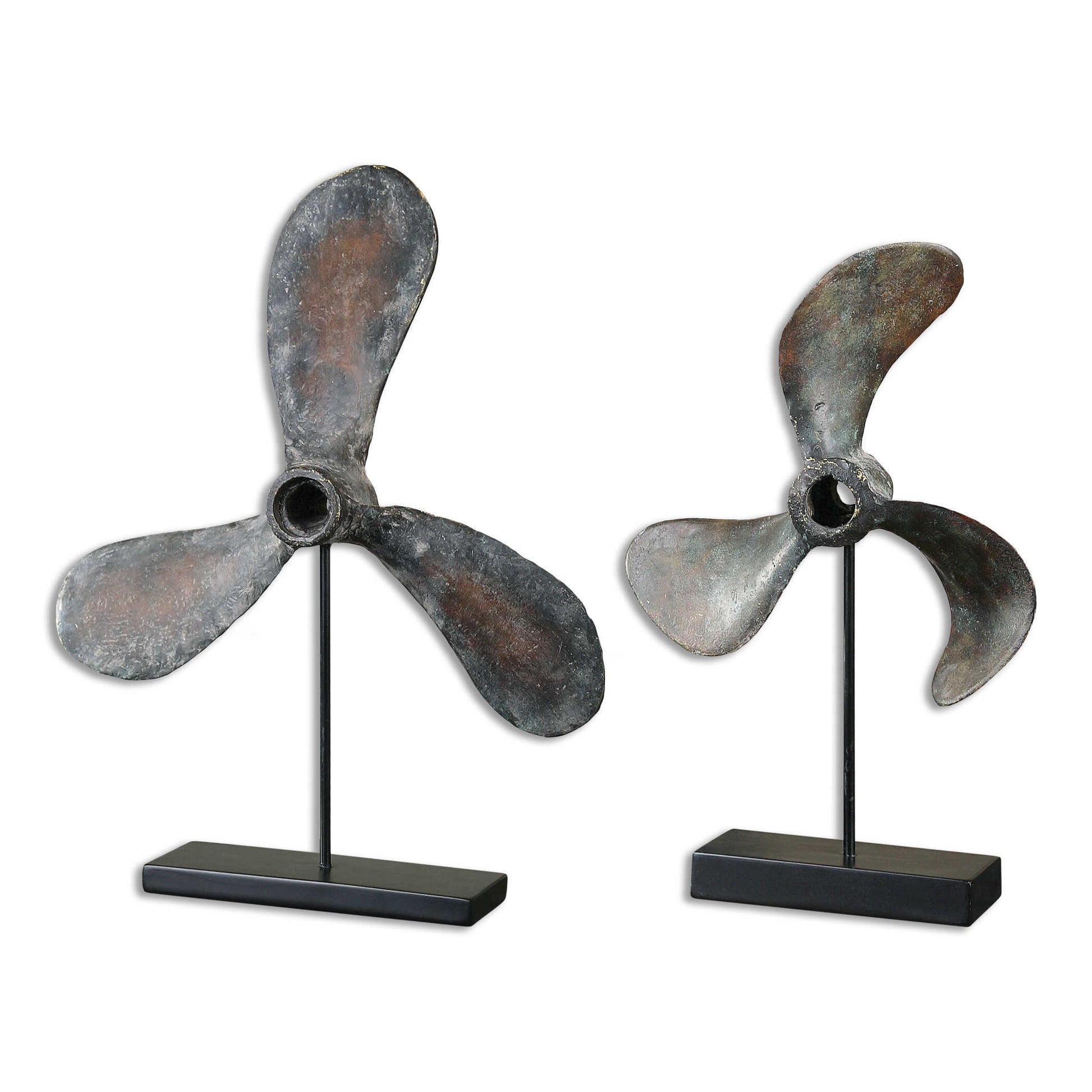 Reproduction Boat Propellers, A Conversation Piece In Any Room.  Cast From Old Propellers, These Items Show The Natural Wear And Imperfections Of The Originals.  The Finish Is A Rust Brown With Green Tarnish And A Gray Glaze.  The Steel Base Is Matte Black. Sizes: S-11x18x4, L-16x21x4