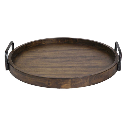 Classic Round Tray Featuring Acacia Wood With Iron Handles.