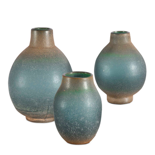 Glass Bottles In Varying Shades Of Blue-green With A Textured, Rust Ivory Glaze. Color Variations Are To Be Expected And Are Part Of Their Unique Charm.