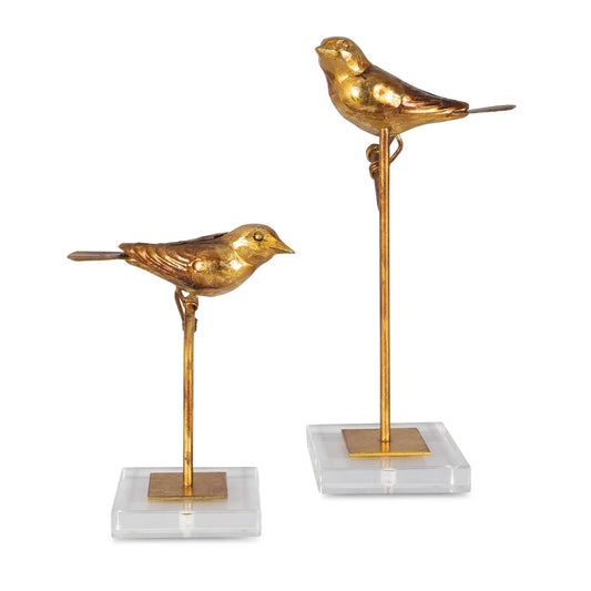 Antiqued, Gold Leaf Perched Birds Displayed On Crystal Bases.