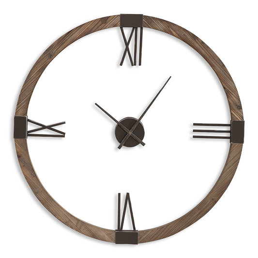 Natural Stained, Fir Wood Clock Frame With Hand Forged, Aged Iron Roman Numerals And Floating Center Dial. Quartz Movement Ensures Accurate Timekeeping. Requires One "AA" Battery.