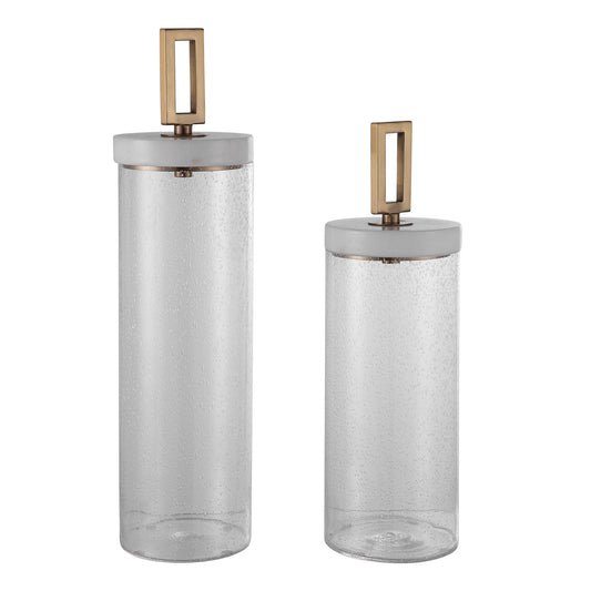 Made With Clear Seeded Glass, These Containers May Serve As Stylish Accessories Or Useful Storage. Each Has An Elegant White Marble Lid With A Brushed Brass Accent. Sizes: S-6x18x6, L-6x22x6