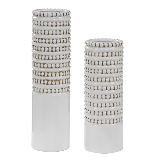 Set Of Two Ceramic Vases Finished In A White Glaze With Taupe Accents, Beaded Texture And A Ribbed Interior. Sizes: S-5x14x5, L-5x18x5