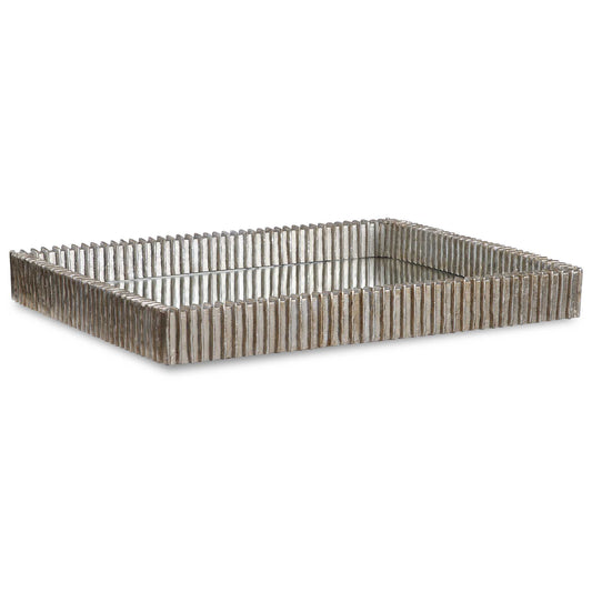 Contemporary Tray Showcases An Organic Ribbed Texture Finished In Silver Leaf With A Mirrored Base.