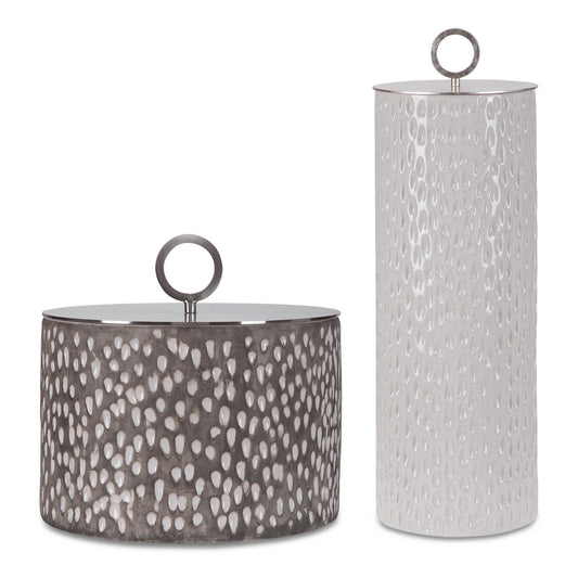 Ceramic Containers Feature Carved Detailing And Are Finished In Off-white And Smoke Gray Crackle Glazes With Respective Aged Gold And Brushed Nickel Finished Lids. Sizes: S-9x9x9, L-6x19x6