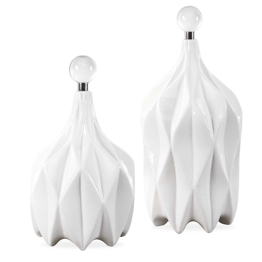 Modern Style Emanates From This Set Of Decorative Ceramic Bottles With An Embossed Geometric Pattern, Finished In A Glossy White And Accented With Non-removable Polished Nickel And Crystal Finials. Sizes: S-8x13x8, L-8x17x8