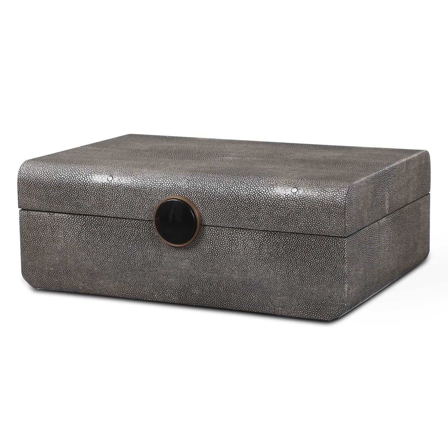 Inspired By The Art Deco Era, This Decorative Box Showcases A Faux Smoke Gray Shagreen Wrapped Surface Accented By A Brushed Antique Brass And Black Enamel Closure. The Interior Is Finished In Matte Black.