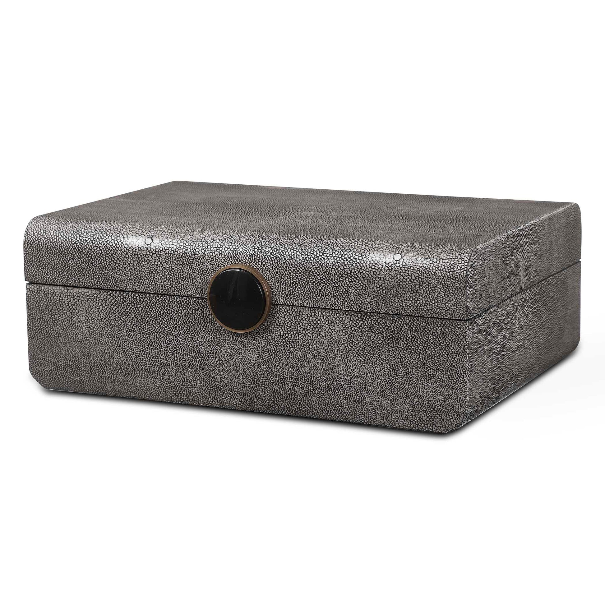 Inspired By The Art Deco Era, This Decorative Box Showcases A Faux Smoke Gray Shagreen Wrapped Surface Accented By A Brushed Antique Brass And Black Enamel Closure. The Interior Is Finished In Matte Black.