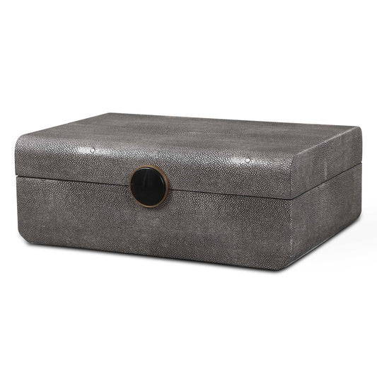 Inspired By The Art Deco Era, This Decorative Box Showcases A Faux Smoke Gray Shagreen Wrapped Surface Accented By A Brushed Antique Brass And Black Enamel Closure. The Interior Is Finished In Matte Black.