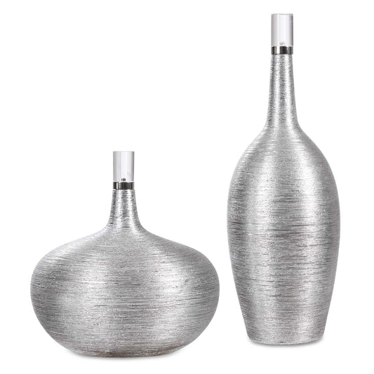 Set Of Two Ceramic Bottles Showcase A Subtle Ribbed Texture, Finished In Bright Silver Leaf With Crystal And Brushed Nickel Accents. Sizes: S-10x11x10, L-6x17x6