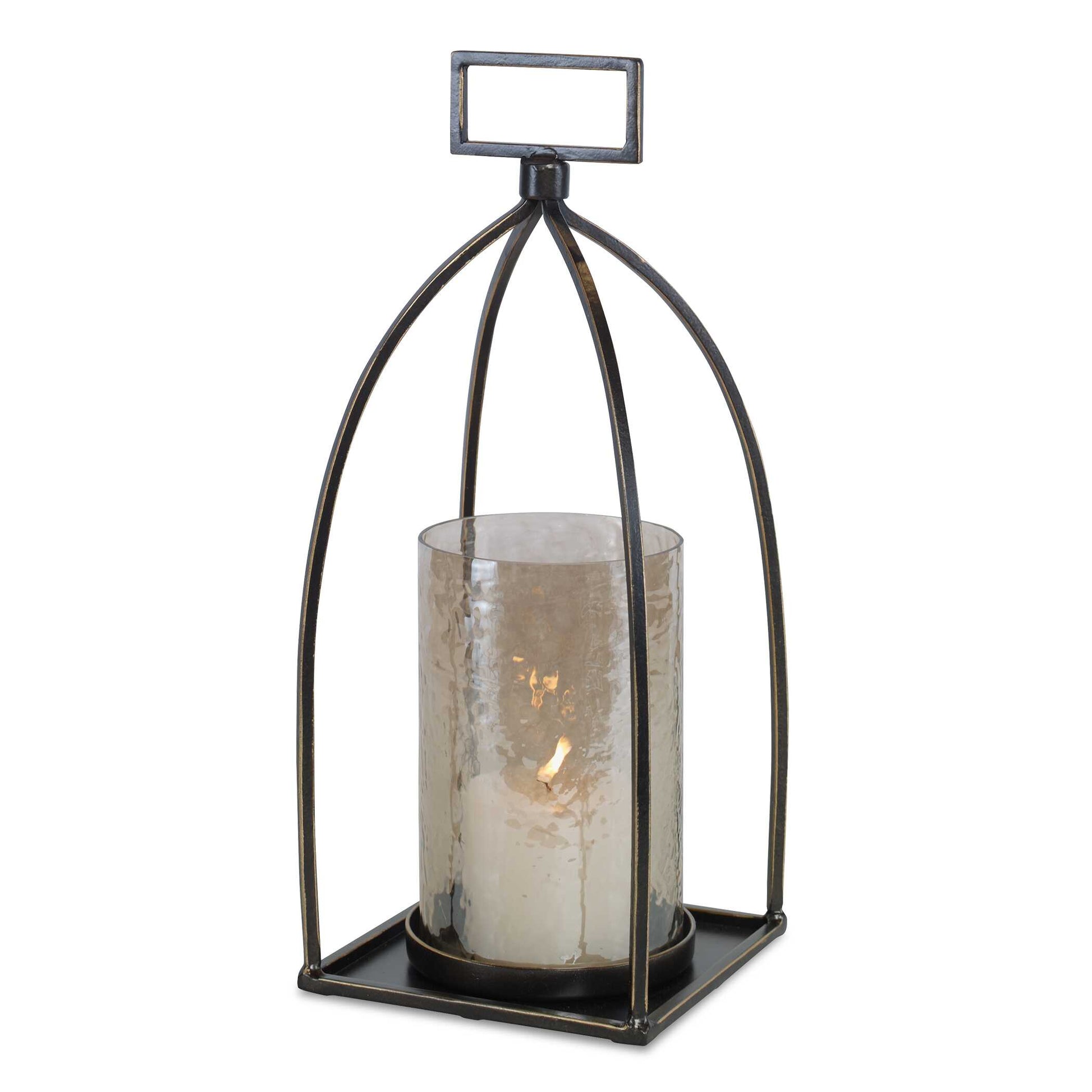 Taking Cues From Moroccan Style, This Candleholder Is Finished In Dark Bronze With Gold Rub-through Details And A Textured Glass Hurricane. One White 3"x 3" Candle Is Included.