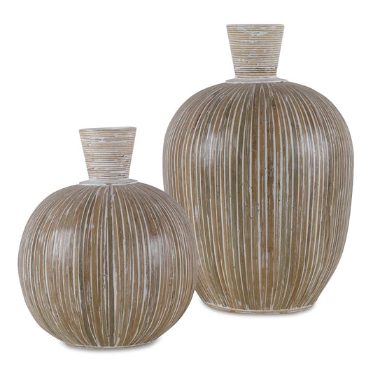 This Set Of Two Terra Cotta Vases Feature Natural Bamboo Pieces Hand-applied In A Stripe Motif Accented By A White Washed Finish. Sizes: S- 10x12x10, L- 11x16x11