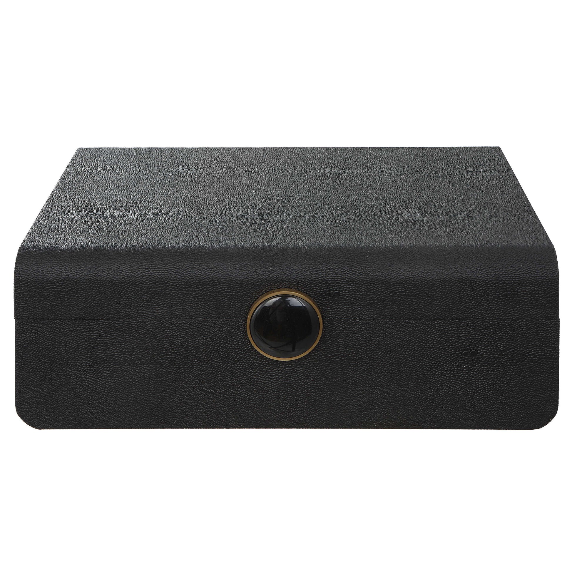 Inspired By The Art Deco Era, This Decorative Box Showcases A Faux Black Shagreen Wrapped Surface Accented By A Brushed Antique Brass And Black Enamel Closure. The Interior Is Finished In Matte Black.