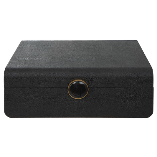 Inspired By The Art Deco Era, This Decorative Box Showcases A Faux Black Shagreen Wrapped Surface Accented By A Brushed Antique Brass And Black Enamel Closure. The Interior Is Finished In Matte Black.