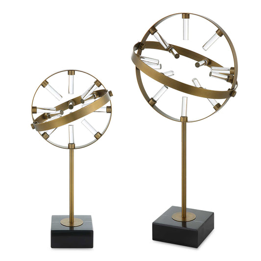 Set Of Two Sculptures Feature Plated Brass Metal Rings With Crystal Accents, That Can Be Adjusted To Your Desired Position, Set Atop Black Marble Bases.  Sizes: S-9"x18"x5", L-11"x22"x5".
