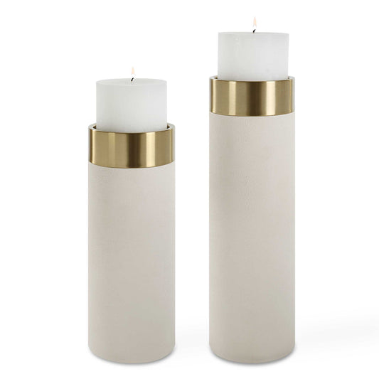 Set Of Two Pillar Candleholders Are Covered In A White Faux Shagreen With Iron Candle Cups Finished In Antique Brushed Brass. Two, 4" X 3" White Candles Are Included. Sizes: S-5x13x5, L-5x16x5