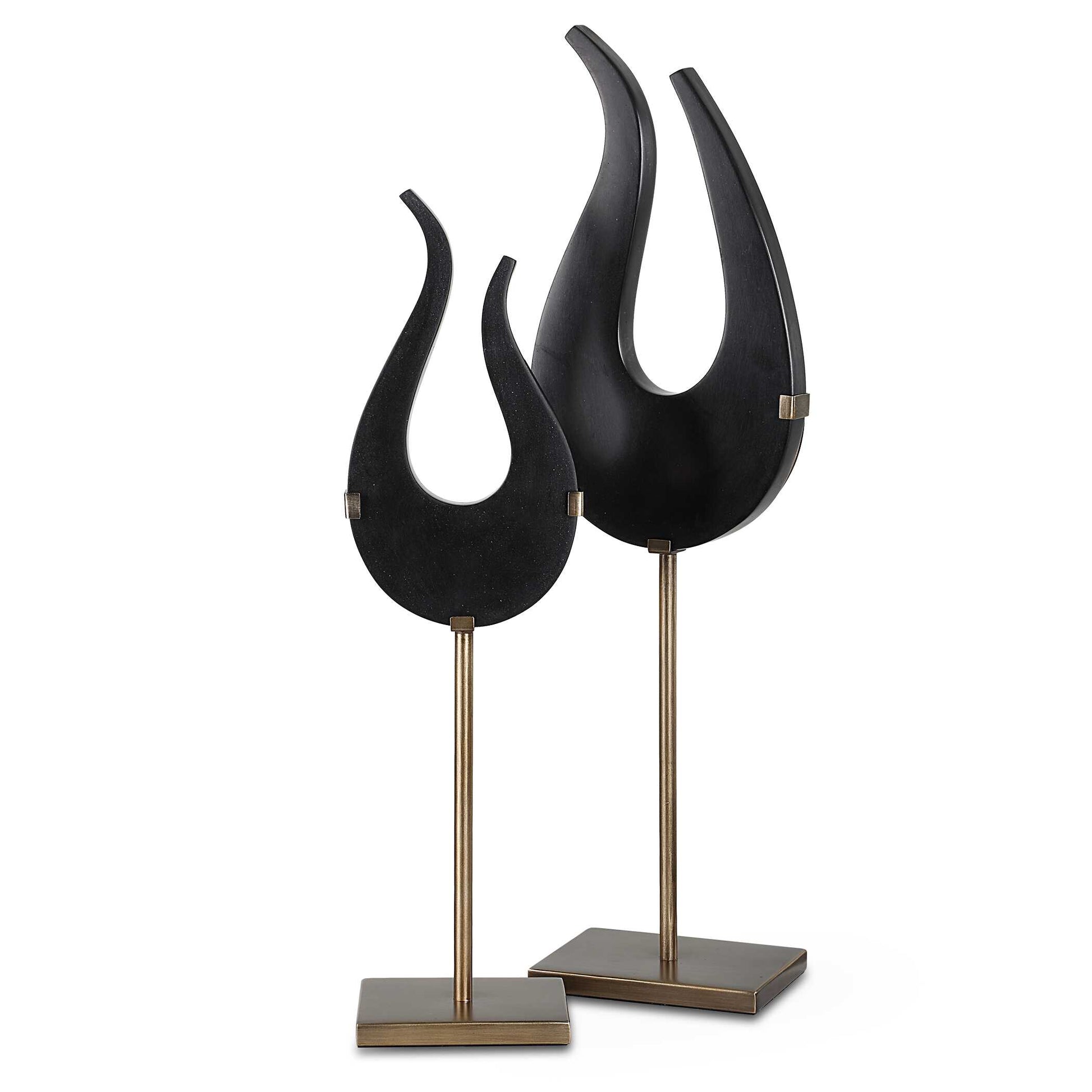 Sculptures Are Handcrafted From A Man-made Black Stone, Elevated A Top Brushed Brass Metal Stands. Sizes: S-6x20x4, L-7x24x5