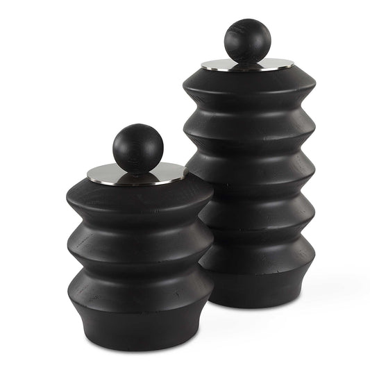 Accent Any Table Or Countertop With These Black Stained Wood Containers With Brushed Nickel Lift-off Lids. Sizes: S-7x10x7, L-7x14x7