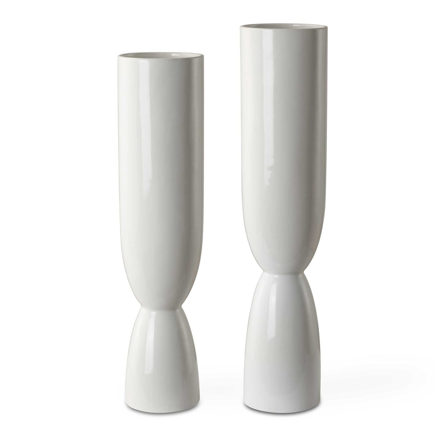 This Set Of Two Ceramic Vases Feature A White Fired Glaze Over Their Unique Shape. Sizes: S-5x18x5, L-5x20x5