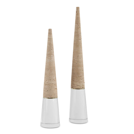 Crafted With Precision, These Sculptural Forms Feature Beige Unfilled Travertine Elevated By Thick Clear Crystal Bases. Bisected By A Steel Disc Finished In A Light Antique Brass. Whether Adorning Your Living Room, Office, Or Entryway, This Set Promises To Be A Captivating Focal Point. Sizes: S- 3x16x3, L- 3x20x3