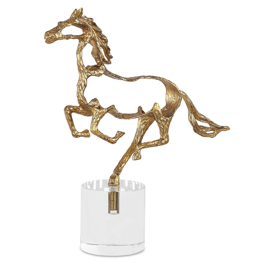 Experience The Majestic Beauty Of Our Galloping Horse Sculpture, Exquisitely Finished In Metallic Gold And Poised Atop A Shimmering Crystal Base. Capturing The Spirit Of Elegance And Grace, This Stunning Piece Adds A Touch Of Sophistication To Any Space. Perfect For Enthusiasts Of Equine Art Or Those Seeking A Statement Decor Accent.