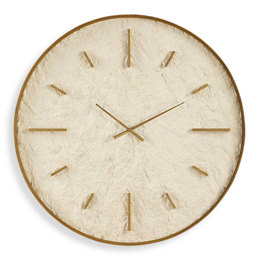Elevate Your Space With Our Off-white Stone Clock, Artfully Framed By A Lightly Antiqued Gold Metal Band. The Offset Inner Ledge Adds A Distinctive Touch, Merging Timeless Elegance With Modern Design. Perfect For Any Setting!