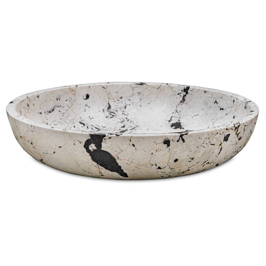 Inspired By The Clean Lines And Bold Feel Of Modern Art, This Bowl Is Handcrafted From Natural White Limestone With Black Accents. The Contrast Between The Smooth Stone And Bold Detailing Highlights The Artisan Craftsmanship, Making It A Statement Piece For Any Space. Safe For Outdoor Use, But Protection From Freezing Temperatures Is Recommended.