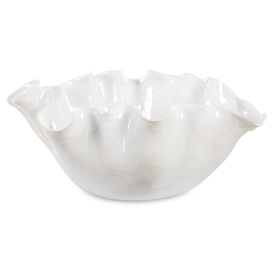 This Elegant Ceramic Bowl Features A Stunning Ruffled Edge Design, Evoking The Delicate Shape Of A Blooming Flower. Its Soft White Glaze With A Subtle Crackle Finish Adds Texture And Sophistication, Making It An Ideal Statement Piece For Any Modern Or Classic Decor. Perfect For Displaying As A Centerpiece Or For Functional Use, This Bowl Blends Art And Practicality Effortlessly.