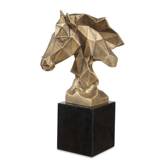 This Stunning Antiqued Gold Horse Bust Features A Geometric Faceted Design That Artfully Captures The Majestic Spirit Of The Horse. Mounted On A Sleek Black Marble Base, It Adds A Contemporary Touch To Any Decor. The Unique Angles And Shapes Create An Eye-catching Focal Point, Perfect For Display On Shelves, Desks, Or As A Striking Centerpiece.