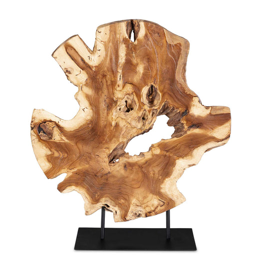 This Striking Sculpture, Crafted From 100% Natural Teak Wood, Showcases A Captivating Natural Finish That Beautifully Enhances Its Organic Texture. Set On A Sleek Black Base, It Creates A Stunning Contrast That Elevates Any Decor. Perfect As A Centerpiece Or Accent Piece, This Unique Artwork Brings A Touch Of Nature-inspired Elegance To Your Space. Because Each Is Individually Handcrafted, Natural Variation Will Occur From Piece To Piece.
