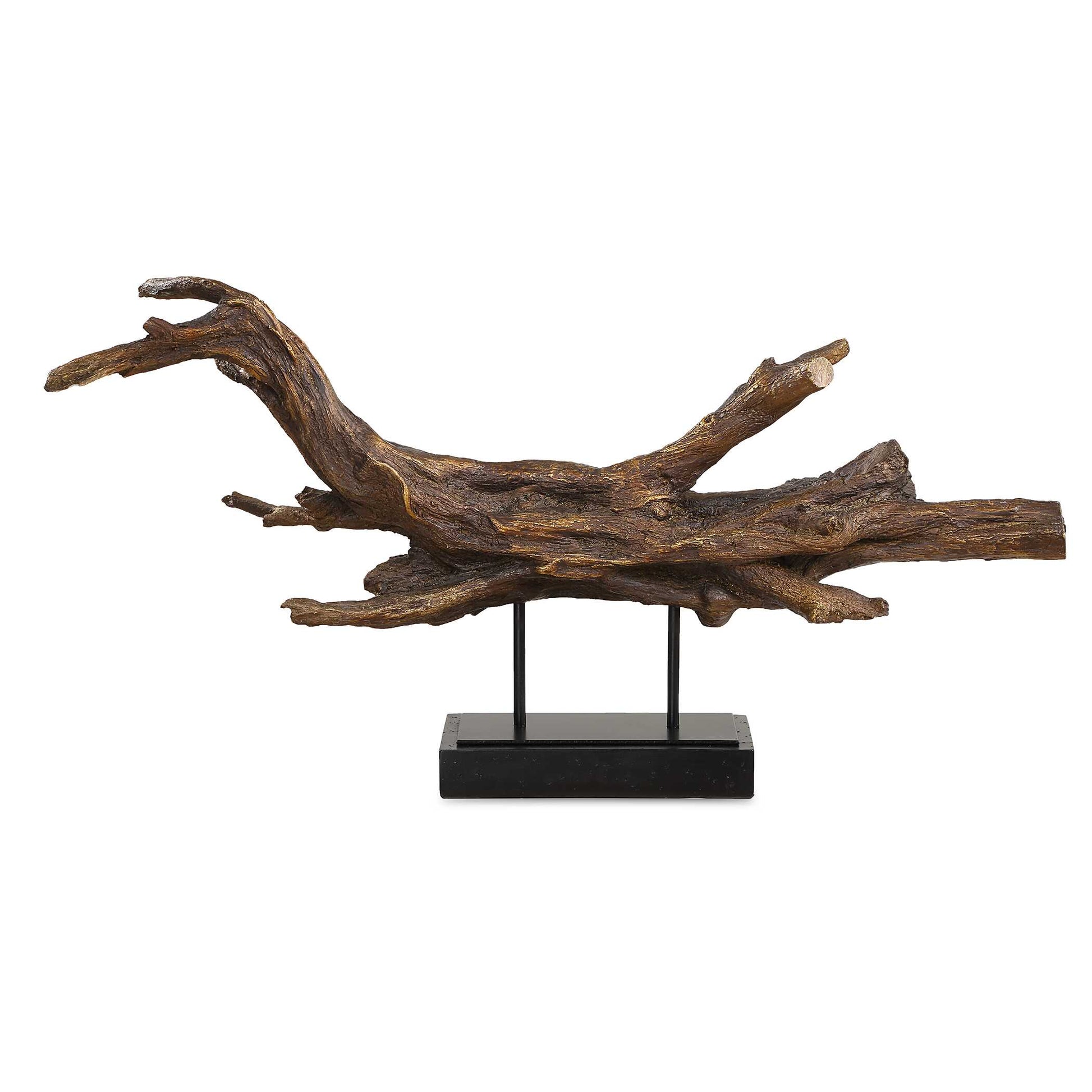 This Captivating Branch Sculpture Boasts A Deep Dark Brown Finish Accented With Metallic Gold Highlights, Bringing A Sense Of Nature And Elegance Into Your Space. Artfully Displayed On A Matte Black Stand, This Piece Combines Organic Beauty With Modern Aesthetics, Making It A Striking Focal Point For Any Room.