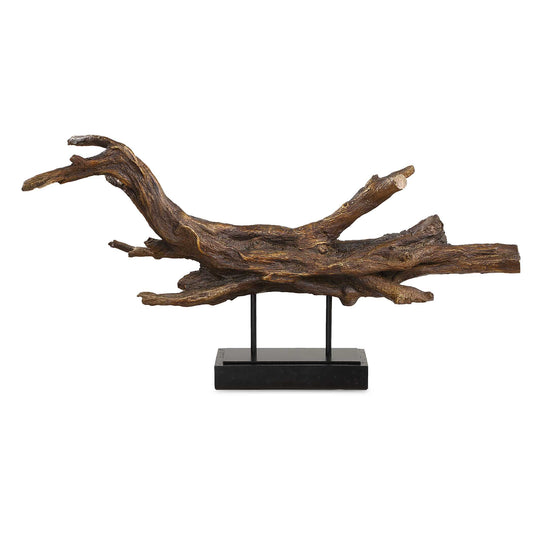 This Captivating Branch Sculpture Boasts A Deep Dark Brown Finish Accented With Metallic Gold Highlights, Bringing A Sense Of Nature And Elegance Into Your Space. Artfully Displayed On A Matte Black Stand, This Piece Combines Organic Beauty With Modern Aesthetics, Making It A Striking Focal Point For Any Room.
