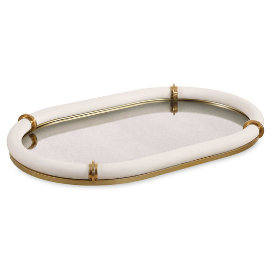 The Cyprus Oval Tray Showcases A White Faux Shagreen Leather Wrap Featuring Brass Plated Steel Bands And A Mirrored Interior That Elevates This Sophisticated Design.