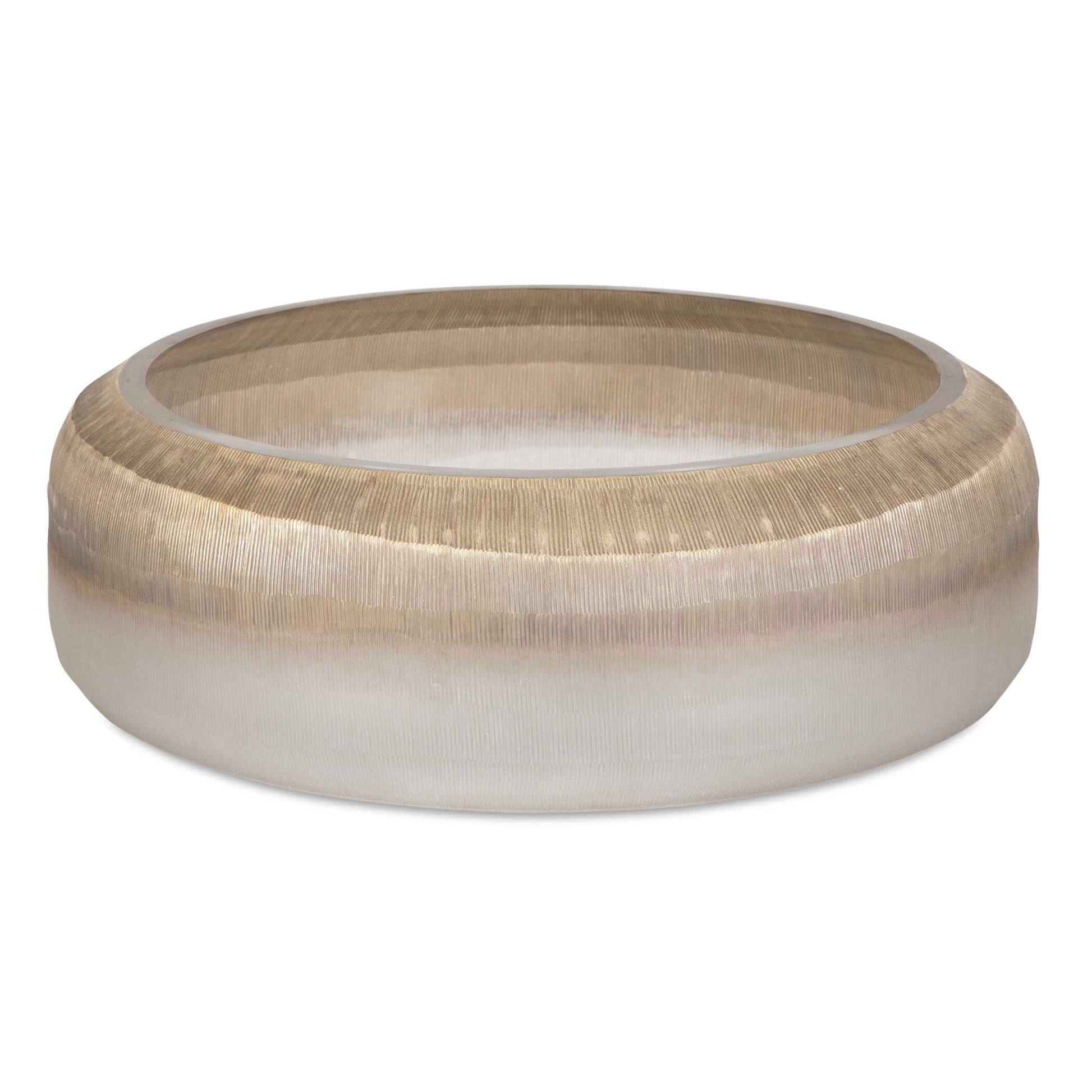This Elegant Bowl Features A Soothing Gradient Finish With Delicate Textured Lines Creating A Soft And Organic Aesthetic. Its Modern Yet Timeless Design Makes It A Versatile Decor Piece, Perfect For Displaying Fruit Or Decorative Accents. The Neutral Tones Blend Seamlessly Into Any Interior Setting.