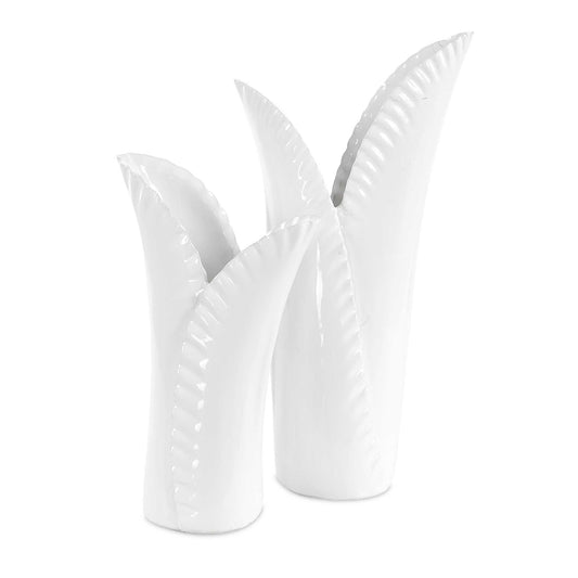 This Set Of Two Beautifully Crafted White Ceramic Vases Captures The Delicate Beauty Of Nature. Inspired By Long Elegant Leaves Found In Nature. The Smooth Finish And Delicately Rippled Edges Highlight Their Refined Design, Making Them Perfect For Showcasing Your Favorite Flowers Or As Standalone Art Pieces. Sizes: S-4x11x7, L-6x15x8