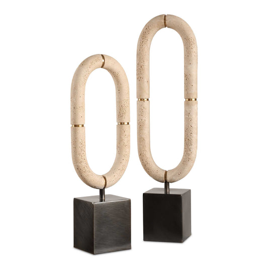 Elevate Your Space With Our Set Of Two Sculptures Featuring Oval-shaped, Cast Ivory Man-made Stone, Resembling The Timeless Beauty Of Travertine, Adorned With Gold Band Accents And Elevated Atop Dark Bronze Bases. Each Piece Showcases Beauty And Rich Texture, Offering A Harmonious Blend Of Organic Elegance And Modern Design. Sizes: S-4x18x6, L-4x22x6