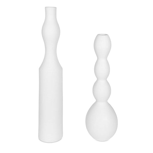 This Striking Set Of Two Oversized White Ceramic Vases Features Unique Shapes That Create A Bold And Contemporary Statement In Any Space. Each Vase Showcases A Distinct Silhouette, Adding Visual Interest And Artistic Flair To Your Decor. Safe For Outdoor Use, But Protection From Freezing Temperatures Is Recommended. Sizes: S-8x24x8, L-6x30x6