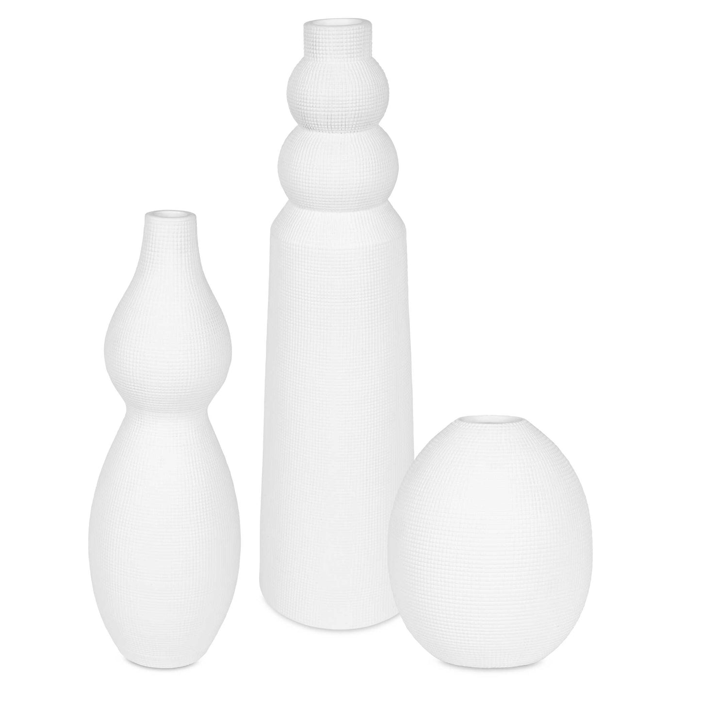 This Striking Set Of Three White Ceramic Vases Features Unique Shapes That Create A Bold And Contemporary Statement In Any Space. Each Vase Showcases A Distinct Silhouette, Adding Visual Interest And Artistic Flair To Your Decor. Safe For Outdoor Use, But Protection From Freezing Temperatures Is Recommended. Sizes: S-6x7x6, M-5x14x5, L-6x19x6