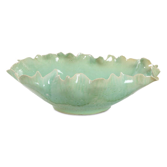 This Elegant Ceramic Bowl Features A Stunning Ruffled Edge Design, Evoking The Delicate Shape Of A Blooming Flower. Its Soft Green Glaze With A Subtle Crackle Finish Adds Texture And Sophistication, Making It An Ideal Statement Piece For Any Modern Or Classic Decor. Perfect For Displaying As A Centerpiece Or For Functional Use, This Bowl Blends Art And Practicality Effortlessly.