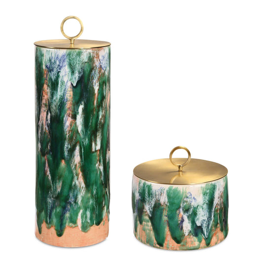 Brighten Living Space With Our Set Of Two Ceramic Canisters, Featuring Vibrant Preppy Greens, Pinks, And Whites That Resemble An Abstract Painting. Each Canister Is Topped With A Sleek Metal Lid, With A Stylish Ring Knob For Easy Handling. The Bold Colors And Artistic Design Make These Canisters Both Functional And Decorative, Perfect For Storing Essentials While Adding A Pop Of Personality To Your Décor. Sizes: S- 8x8x8, L-6x18x6