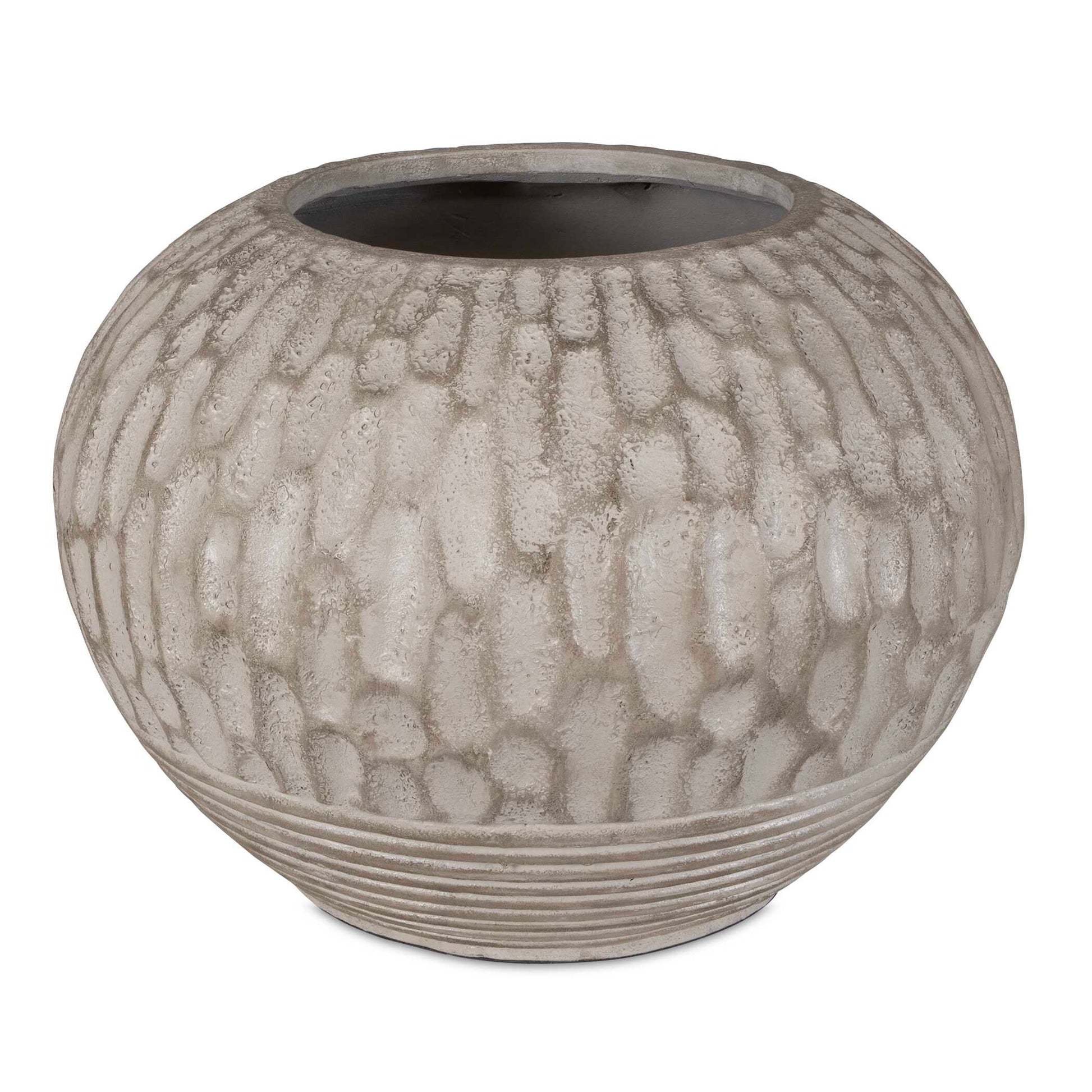 Elevate Your Plant Game With Our Terracotta Planter, Featuring Elegant Carvings And A Unique Ribbed Base. All Finished In A Lightly Antiqued White Wash With Light Brown Undertones. Perfect Addition To Any Indoor Space.