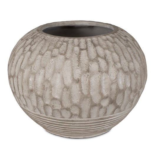 Elevate Your Plant Game With Our Terracotta Planter, Featuring Elegant Carvings And A Unique Ribbed Base. All Finished In A Lightly Antiqued White Wash With Light Brown Undertones. Perfect Addition To Any Indoor Space.