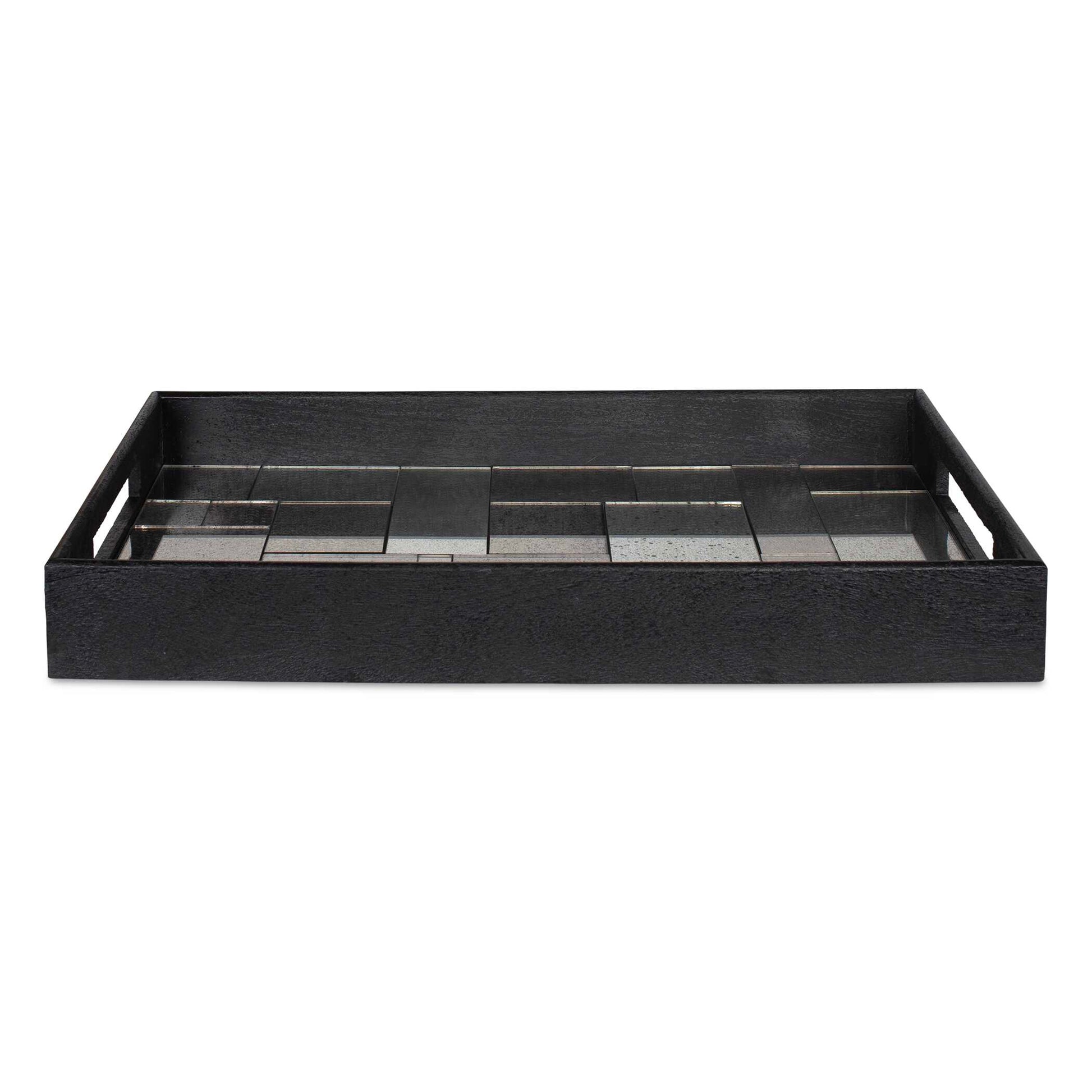 Elevate Your Hosting Experience With This Sleek Black Mango Wood Tray Featuring A Striking Antique Mirrored Mosaic Design. With Built-in Handles And A Contemporary Aesthetic, It's The Perfect Blend Of Function And Style For Any Space.